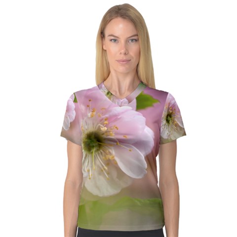 Single Almond Flower V-neck Sport Mesh Tee by FunnyCow