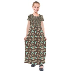 Brown With Blue Hats Kids  Short Sleeve Maxi Dress