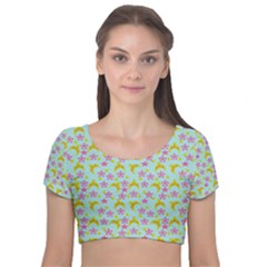 Blue Star Yellow Hats Velvet Short Sleeve Crop Top 