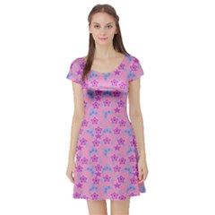 Pink Star Blue Hats Short Sleeve Skater Dress