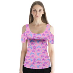 Pink Star Blue Hats Butterfly Sleeve Cutout Tee 