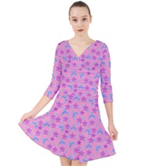 Pink Star Blue Hats Quarter Sleeve Front Wrap Dress