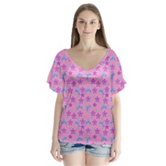 Pink Star Blue Hats V-Neck Flutter Sleeve Top