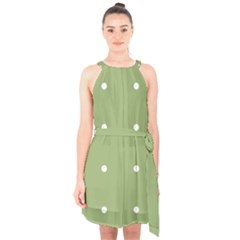 Olive Dots Halter Collar Waist Tie Chiffon Dress