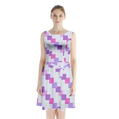 Geometric Squares Sleeveless Waist Tie Chiffon Dress