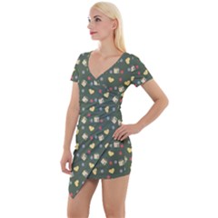 Green Milk Hearts Short Sleeve Asymmetric Mini Dress by snowwhitegirl