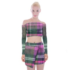 Pink Plaid Flannel Off Shoulder Top With Mini Skirt Set