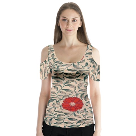 Papanese Floral Red Butterfly Sleeve Cutout Tee  by snowwhitegirl