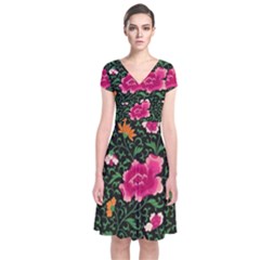 Pink Japan Floral Short Sleeve Front Wrap Dress