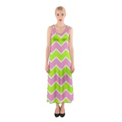 Zigzag Chevron Pattern Green Pink Sleeveless Maxi Dress