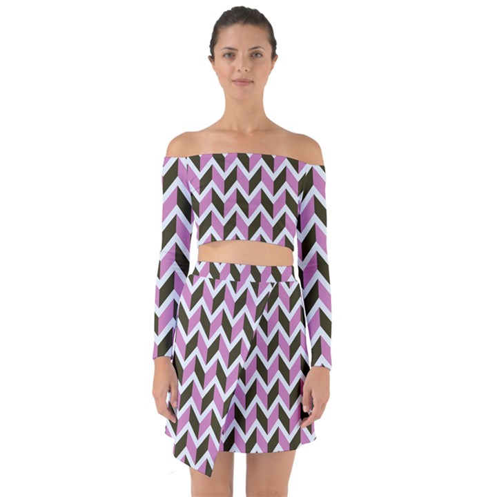 Zigzag Chevron Pattern Pink Brown Off Shoulder Top with Skirt Set