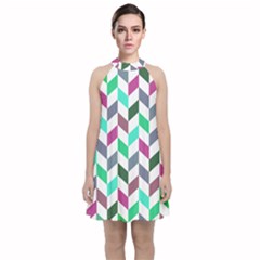 Zigzag Chevron Pattern Aqua Purple Velvet Halter Neckline Dress  by snowwhitegirl