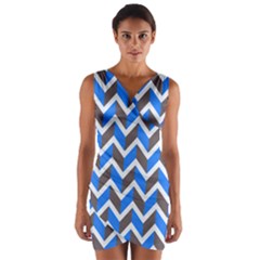 Zigzag Chevron Pattern Blue Grey Wrap Front Bodycon Dress