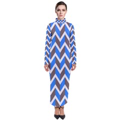 Zigzag Chevron Pattern Blue Grey Turtleneck Maxi Dress