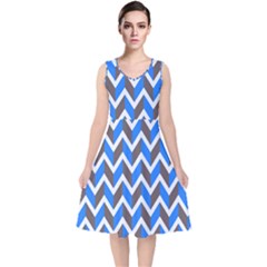 Zigzag Chevron Pattern Blue Grey V-Neck Midi Sleeveless Dress 