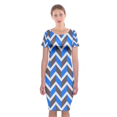 Zigzag Chevron Pattern Blue Grey Classic Short Sleeve Midi Dress