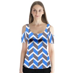 Zigzag Chevron Pattern Blue Grey Butterfly Sleeve Cutout Tee 