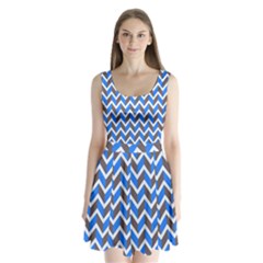 Zigzag Chevron Pattern Blue Grey Split Back Mini Dress 