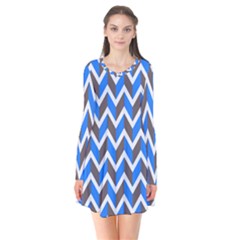 Zigzag Chevron Pattern Blue Grey Long Sleeve V-neck Flare Dress