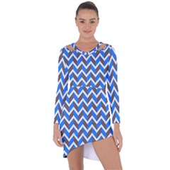 Zigzag Chevron Pattern Blue Grey Asymmetric Cut-Out Shift Dress