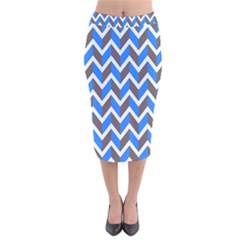 Zigzag Chevron Pattern Blue Grey Velvet Midi Pencil Skirt