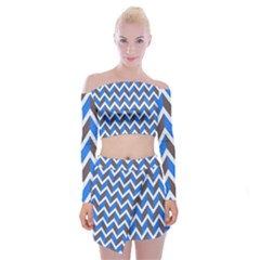 Zigzag Chevron Pattern Blue Grey Off Shoulder Top with Mini Skirt Set