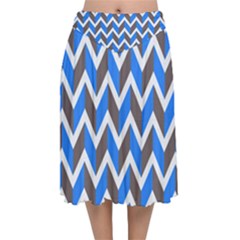 Zigzag Chevron Pattern Blue Grey Velvet Flared Midi Skirt