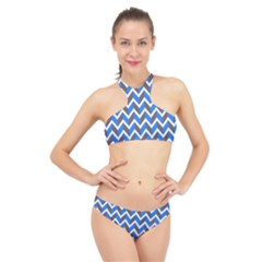 Zigzag Chevron Pattern Blue Grey High Neck Bikini Set
