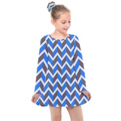 Zigzag Chevron Pattern Blue Grey Kids  Long Sleeve Dress
