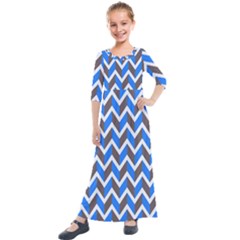 Zigzag Chevron Pattern Blue Grey Kids  Quarter Sleeve Maxi Dress
