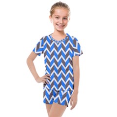 Zigzag Chevron Pattern Blue Grey Kids  Mesh Tee and Shorts Set