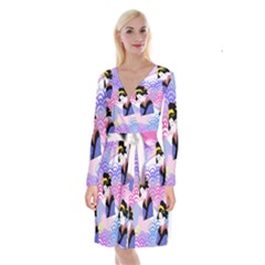 Japanese Abstract Blue Long Sleeve Velvet Front Wrap Dress by snowwhitegirl