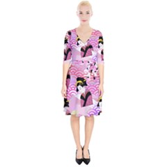 Japanese Abstract Pink Wrap Up Cocktail Dress