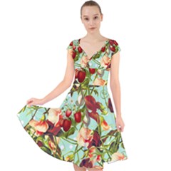 Fruit Blossom Cap Sleeve Front Wrap Midi Dress