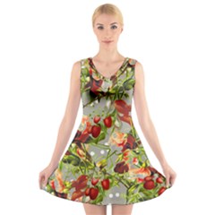 Fruit Blossom Gray V-neck Sleeveless Dress