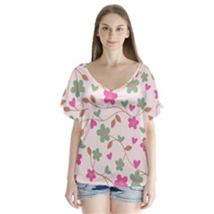 Pink Vintage Flowers V-neck Flutter Sleeve Top