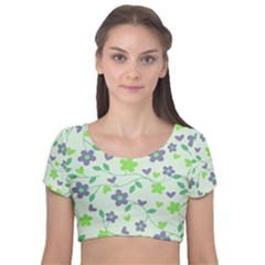 Green Vintage Flowers Velvet Short Sleeve Crop Top  by snowwhitegirl