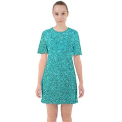 Aqua Glitter Sixties Short Sleeve Mini Dress