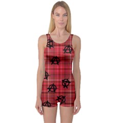 Red Plaid Anarchy One Piece Boyleg Swimsuit by snowwhitegirl