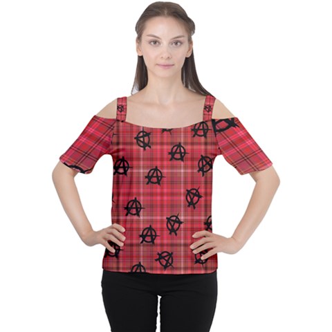 Red Plaid Anarchy Cutout Shoulder Tee by snowwhitegirl