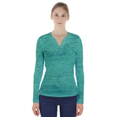 Green Denim V-neck Long Sleeve Top