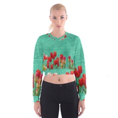 Green Denim Flowers Cropped Sweatshirt by snowwhitegirl