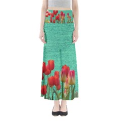 Green Denim Flowers Full Length Maxi Skirt