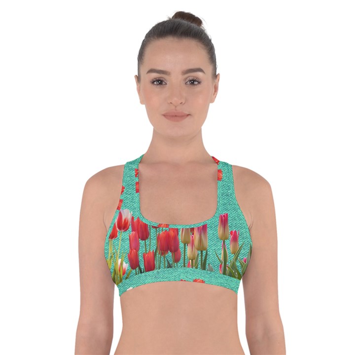 Green Denim Flowers Cross Back Sports Bra