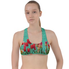 Green Denim Flowers Criss Cross Racerback Sports Bra