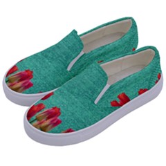 Green Denim Flowers Kids  Canvas Slip Ons by snowwhitegirl