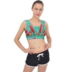 Green Denim Flowers V-back Sports Bra by snowwhitegirl