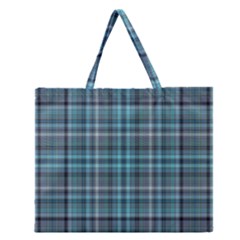 Teal Plaid Zipper Large Tote Bag