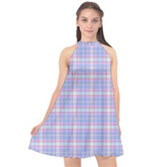 Pink Blue Plaid Halter Neckline Chiffon Dress 