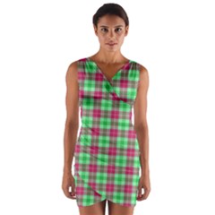 Pink Green Plaid Wrap Front Bodycon Dress